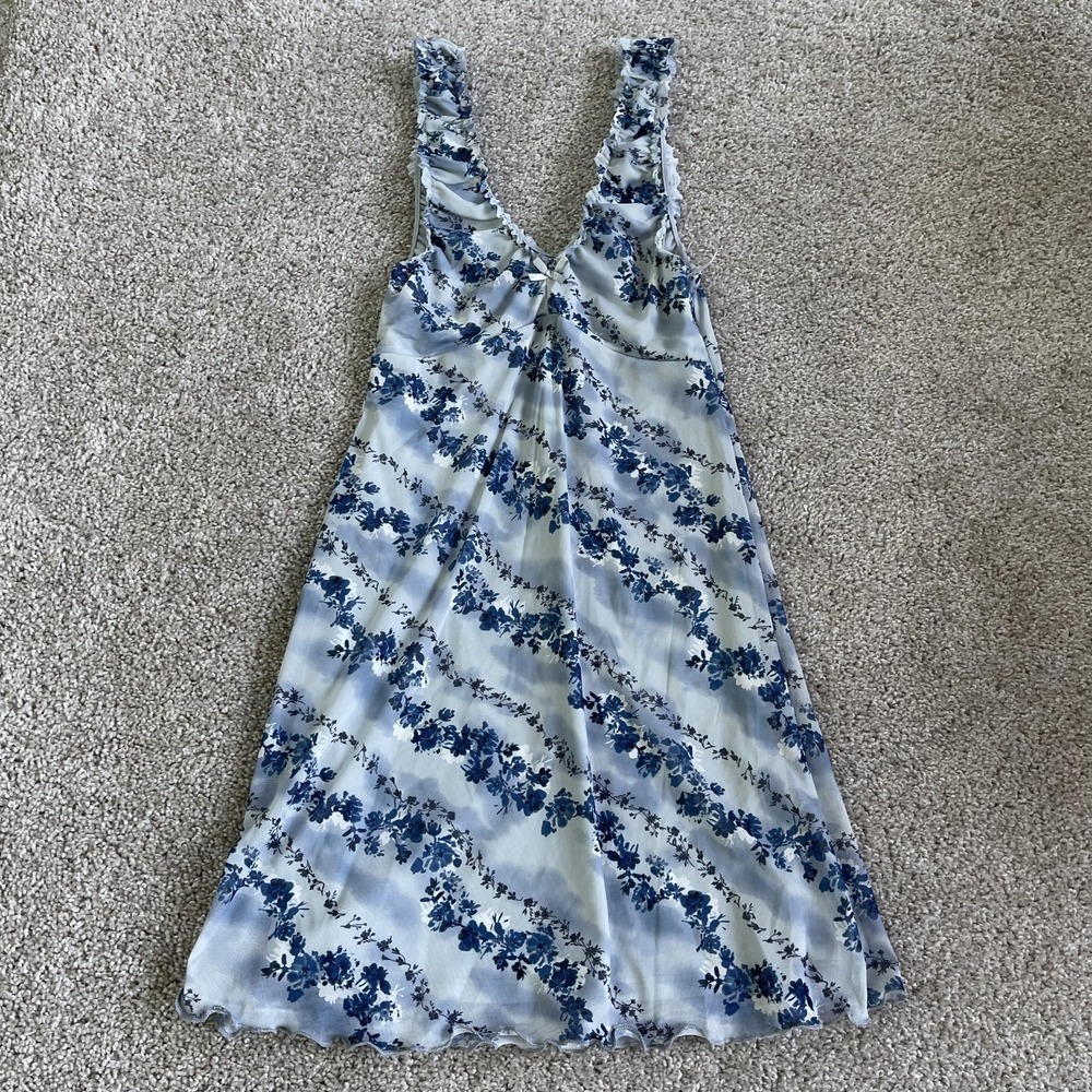 Hippie Rose Dress Womens S Blue Floral Sleeveless V Neck Ruffle Mini Sundress